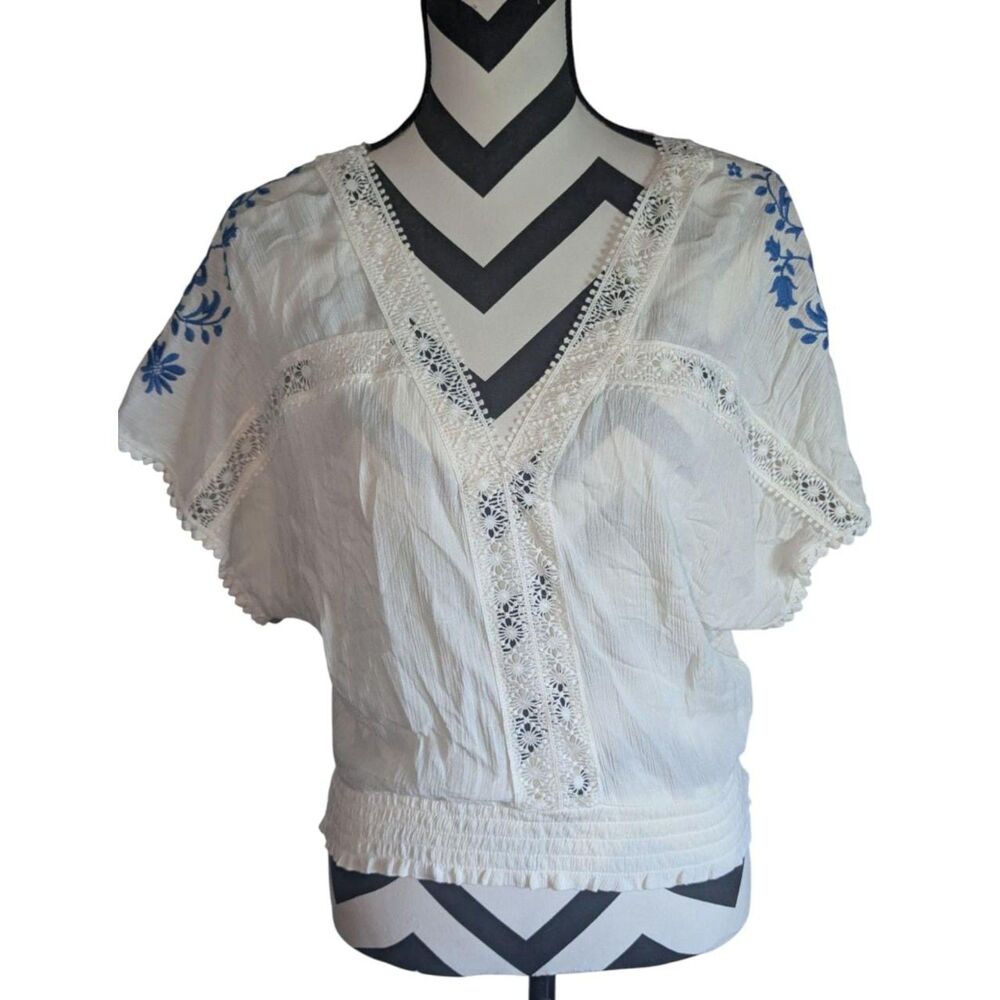 Self Esteem Embroidered Peasant Blouse M White Blue Floral Boho Smocked